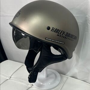 Harley-Davidson Matte Silver and Black Half Helmet with Smoke Visor